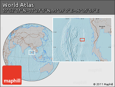Gray Location Map of the Area around 11° 9' 41" N, 96° 7' 30" E, hill shading