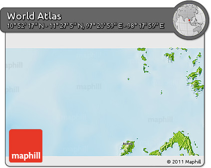Physical 3D Map of the Area around 11° 9' 41" N, 97° 49' 29" E