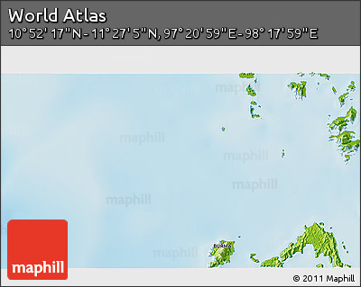 Physical 3D Map of the Area around 11° 9' 41" N, 97° 49' 29" E