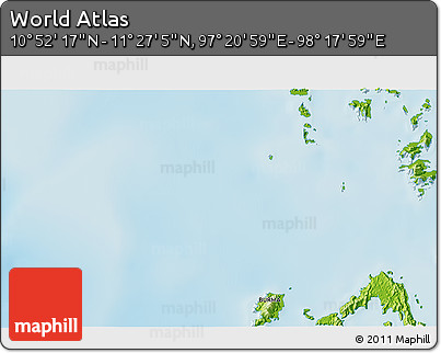 Physical 3D Map of the Area around 11° 9' 41" N, 97° 49' 29" E