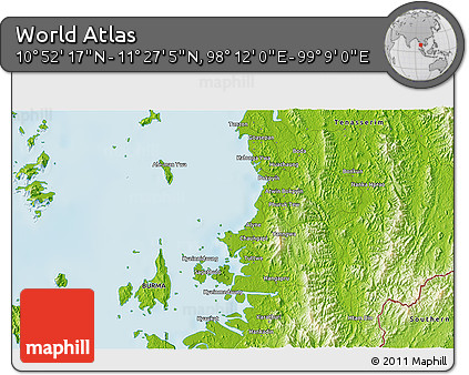 Physical 3D Map of the Area around 11° 9' 41" N, 98° 40' 30" E