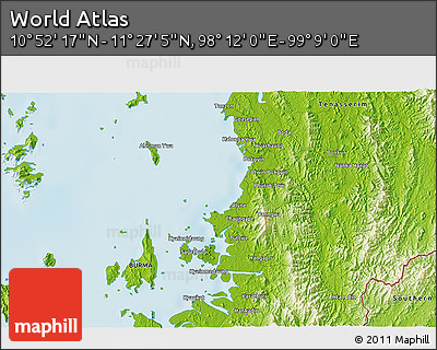 Physical 3D Map of the Area around 11° 9' 41" N, 98° 40' 30" E