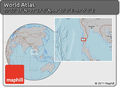 Gray Location Map of the Area around 11° 9' 41" N, 98° 40' 30" E, hill shading