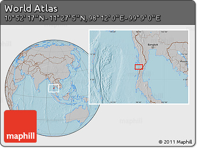 Gray Location Map of the Area around 11° 9' 41" N, 98° 40' 30" E, hill shading