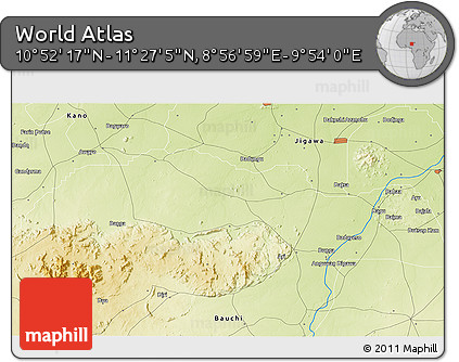 Physical 3D Map of the Area around 11° 9' 41" N, 9° 25' 30" E