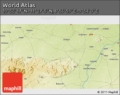 Physical 3D Map of the Area around 11° 9' 41" N, 9° 25' 30" E