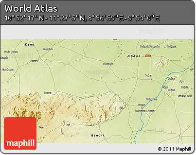 Physical 3D Map of the Area around 11° 9' 41" N, 9° 25' 30" E