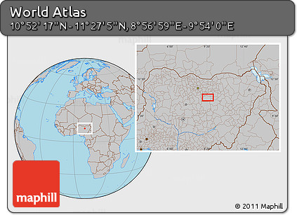 Gray Location Map of the Area around 11° 9' 41" N, 9° 25' 30" E