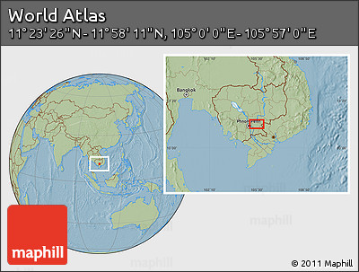 Savanna Style Location Map of the Area around 11° 40' 49" N, 105° 28' 29" E, hill shading