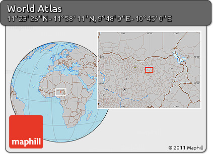 Gray Location Map of the Area around 11° 40' 49" N, 10° 16' 30" E