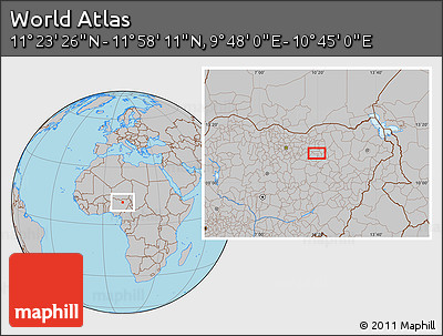 Gray Location Map of the Area around 11° 40' 49" N, 10° 16' 30" E