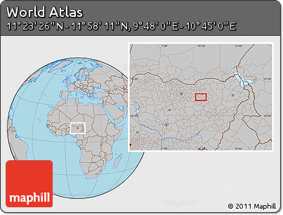 Gray Location Map of the Area around 11° 40' 49" N, 10° 16' 30" E