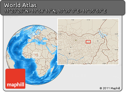 Shaded Relief Location Map of the Area around 11° 40' 49" N, 11° 7' 30" E