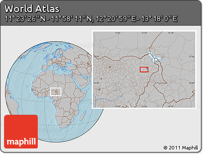 Gray Location Map of the Area around 11° 40' 49" N, 12° 49' 29" E, hill shading