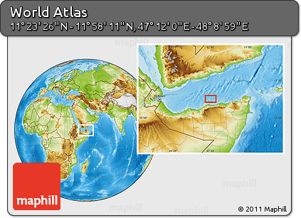 Physical Location Map of the Area around 11° 40' 49" N, 47° 40' 29" E