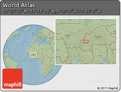 Savanna Style Location Map of the Area around 11° 40' 49" N, 4° 10' 30" W, hill shading
