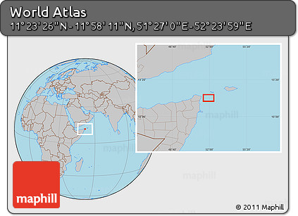 Gray Location Map of the Area around 11° 40' 49" N, 51° 55' 29" E