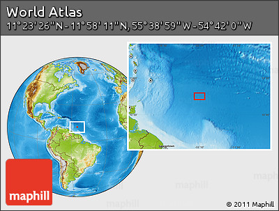 Physical Location Map of the Area around 11° 40' 49" N, 55° 10' 29" W