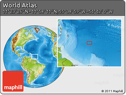 Physical Location Map of the Area around 11° 40' 49" N, 55° 10' 29" W