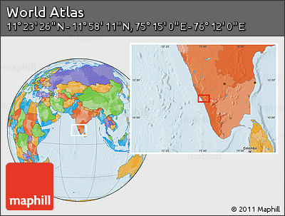 Political Location Map of the Area around 11°&nbsp;40'&nbsp;49"&nbsp;N,&nbsp;75°&nbsp;43'&nbsp;29"&nbsp;E