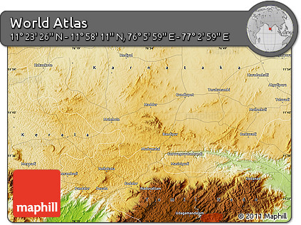 Physical Map of the Area around 11° 40' 49" N, 76° 34' 29" E