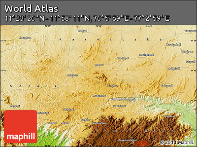 Physical Map of the Area around 11° 40' 49" N, 76° 34' 29" E