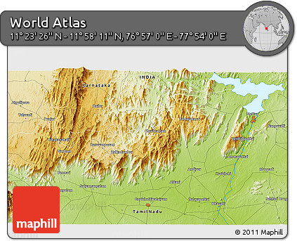Physical 3D Map of the Area around 11° 40' 49" N, 77° 25' 30" E