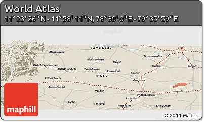 Shaded Relief Panoramic Map of the Area around 11° 40' 49" N, 79° 7' 30" E