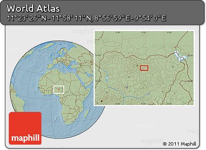 Savanna Style Location Map of the Area around 11° 40' 49" N, 9° 25' 30" E, hill shading