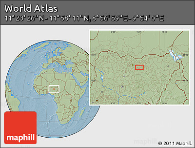 Savanna Style Location Map of the Area around 11° 40' 49" N, 9° 25' 30" E, hill shading