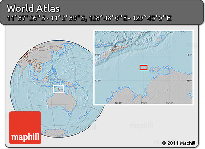 Gray Location Map of the Area around 11° 20' 3" S, 129° 16' 30" E, hill shading