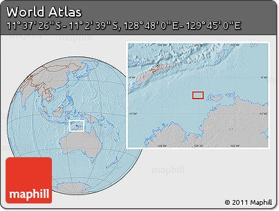 Gray Location Map of the Area around 11° 20' 3" S, 129° 16' 30" E, hill shading
