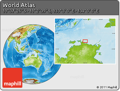 Physical Location Map of the Area around 11° 20' 3" S, 133° 31' 30" E