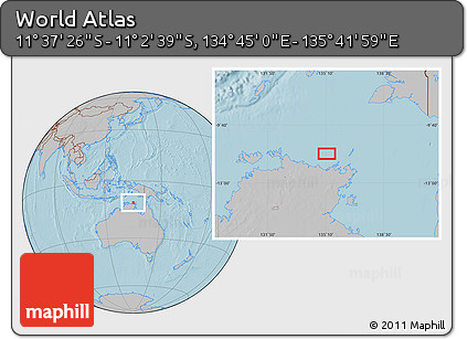 Gray Location Map of the Area around 11° 20' 3" S, 135° 13' 29" E, hill shading