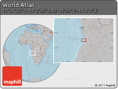 Gray Location Map of the Area around 11° 20' 3" S, 13° 40' 30" E, hill shading