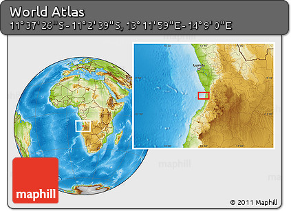 Physical Location Map of the Area around 11° 20' 3" S, 13° 40' 30" E