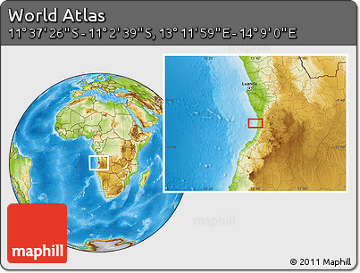 Physical Location Map of the Area around 11° 20' 3" S, 13° 40' 30" E