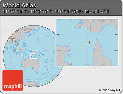 Gray Location Map of the Area around 11° 20' 3" S, 140° 19' 29" E
