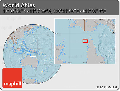 Gray Location Map of the Area around 11° 20' 3" S, 141° 10' 30" E, hill shading
