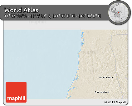 Shaded Relief 3D Map of the Area around 11° 20' 3" S, 142° 1' 30" E