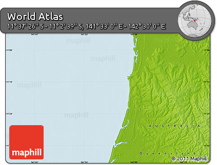 Physical Map of the Area around 11° 20' 3" S, 142° 1' 30" E