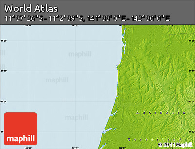 Physical Map of the Area around 11° 20' 3" S, 142° 1' 30" E