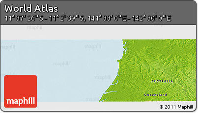 Physical Panoramic Map of the Area around 11° 20' 3" S, 142° 1' 30" E