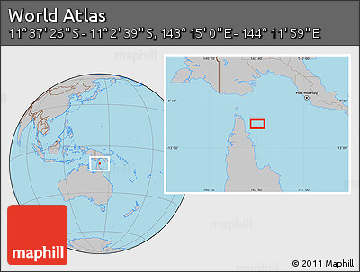 Gray Location Map of the Area around 11° 20' 3" S, 143° 43' 29" E