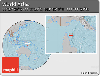 Gray Location Map of the Area around 11° 20' 3" S, 143° 43' 29" E, hill shading