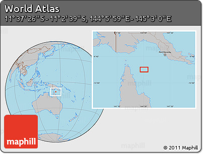 Gray Location Map of the Area around 11° 20' 3" S, 144° 34' 29" E