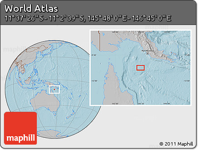 Gray Location Map of the Area around 11° 20' 3" S, 146° 16' 30" E, hill shading