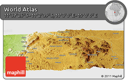 Physical Panoramic Map of the Area around 11° 20' 3" S, 14° 31' 30" E