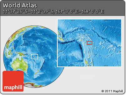 Physical Location Map of the Area around 11° 20' 3" S, 167° 31' 30" E