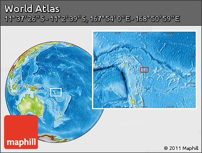 Physical Location Map of the Area around 11° 20' 3" S, 168° 22' 30" E